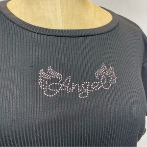 Y2K Revival Mcbling Tee Rhinestone Angelcore Baby LG Black Pink Glam Street Chic